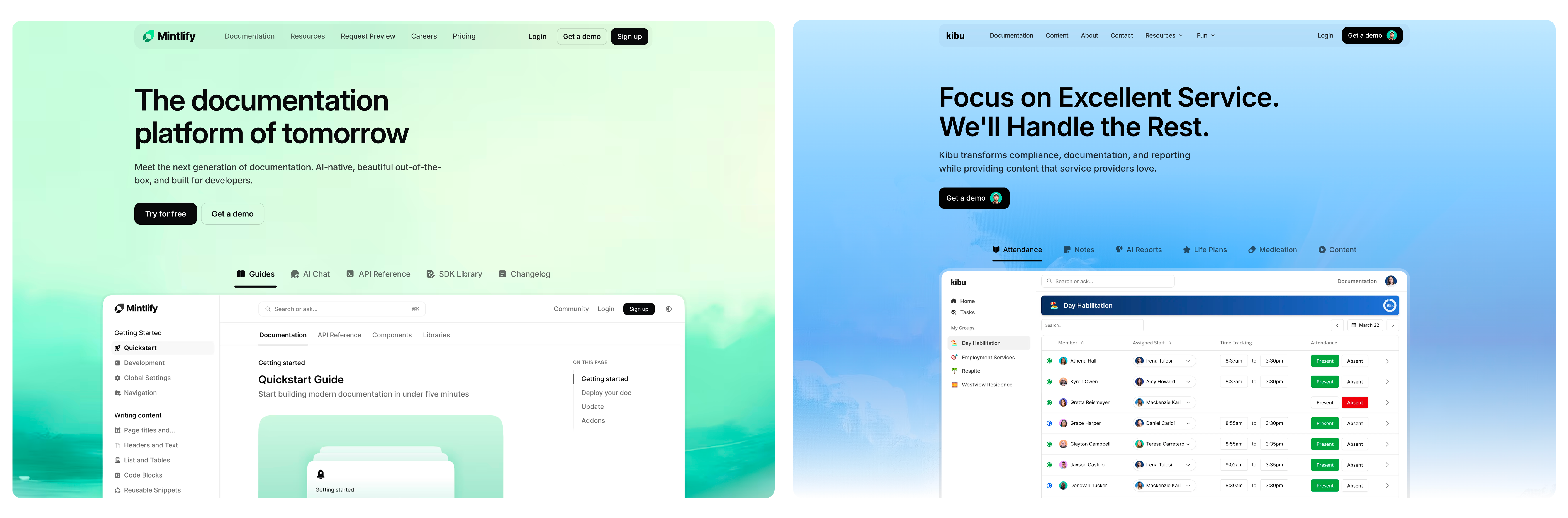 Mintlify site versus Kibu site comparison